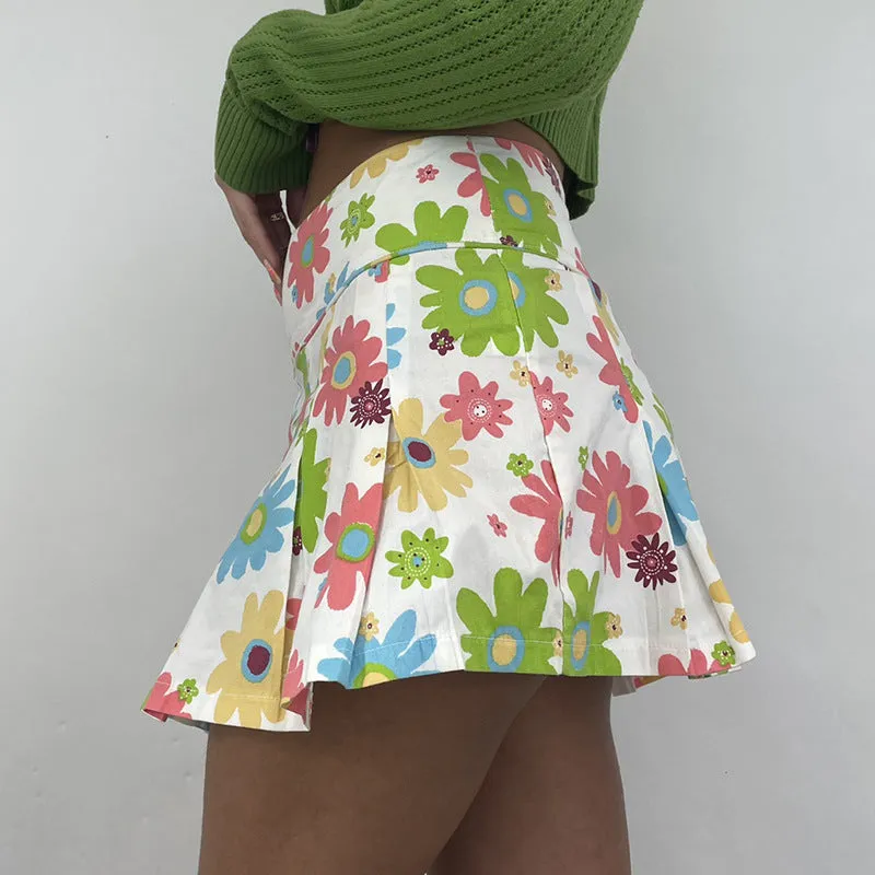 Fashionable contrast flower pattern prints slim pleated skirt high waist for early spring and autumn women