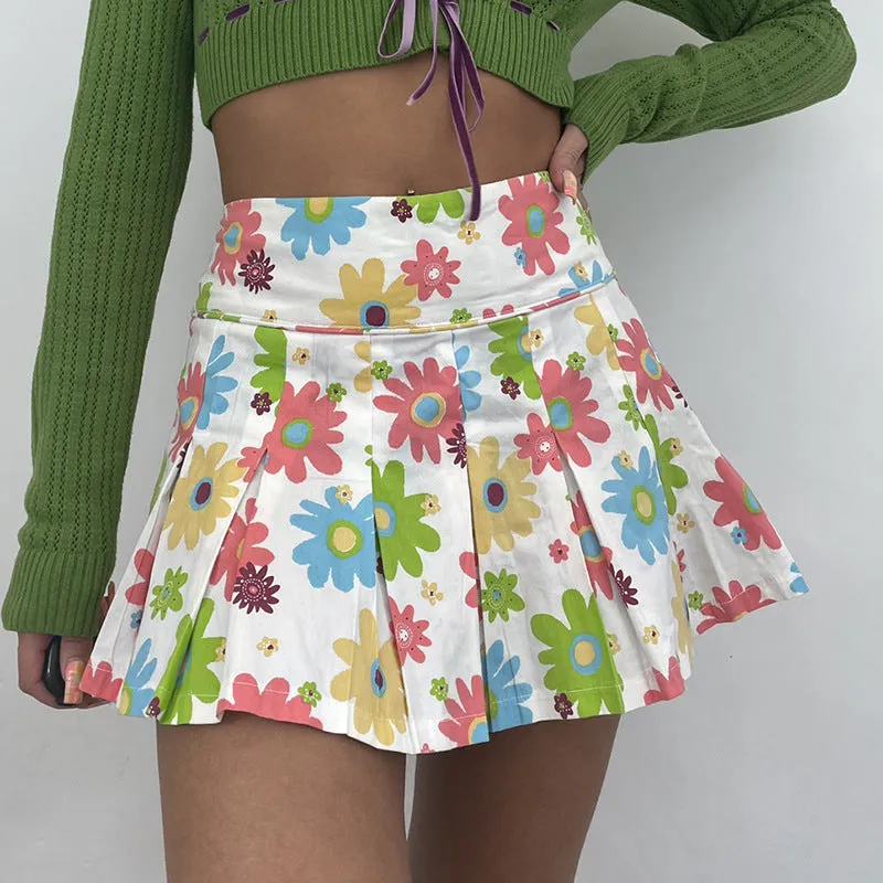 Fashionable contrast flower pattern prints slim pleated skirt high waist for early spring and autumn women