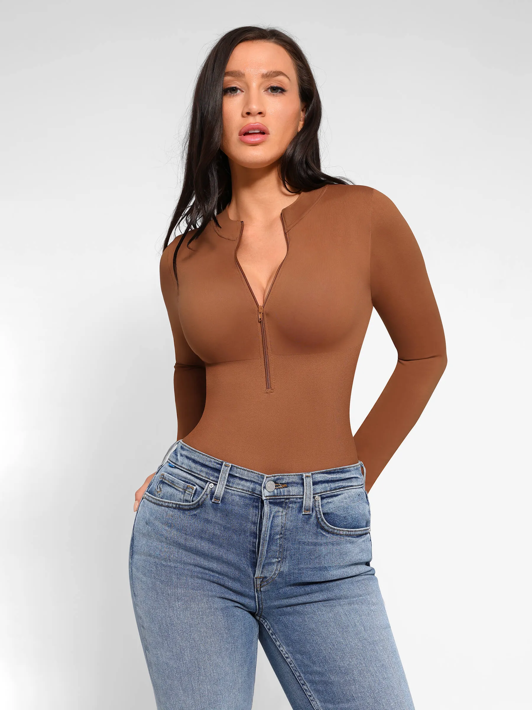 Feelingirl Seamless Long Sleeve Zipper Thong Bodysuit