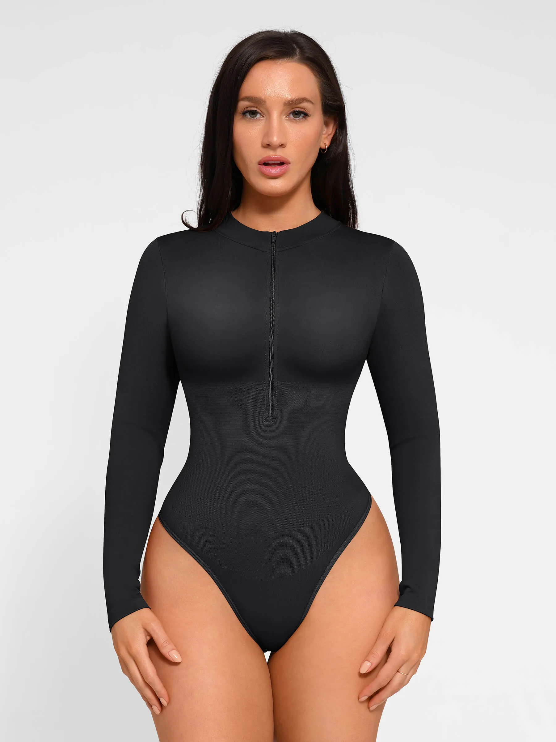 Feelingirl Seamless Long Sleeve Zipper Thong Bodysuit