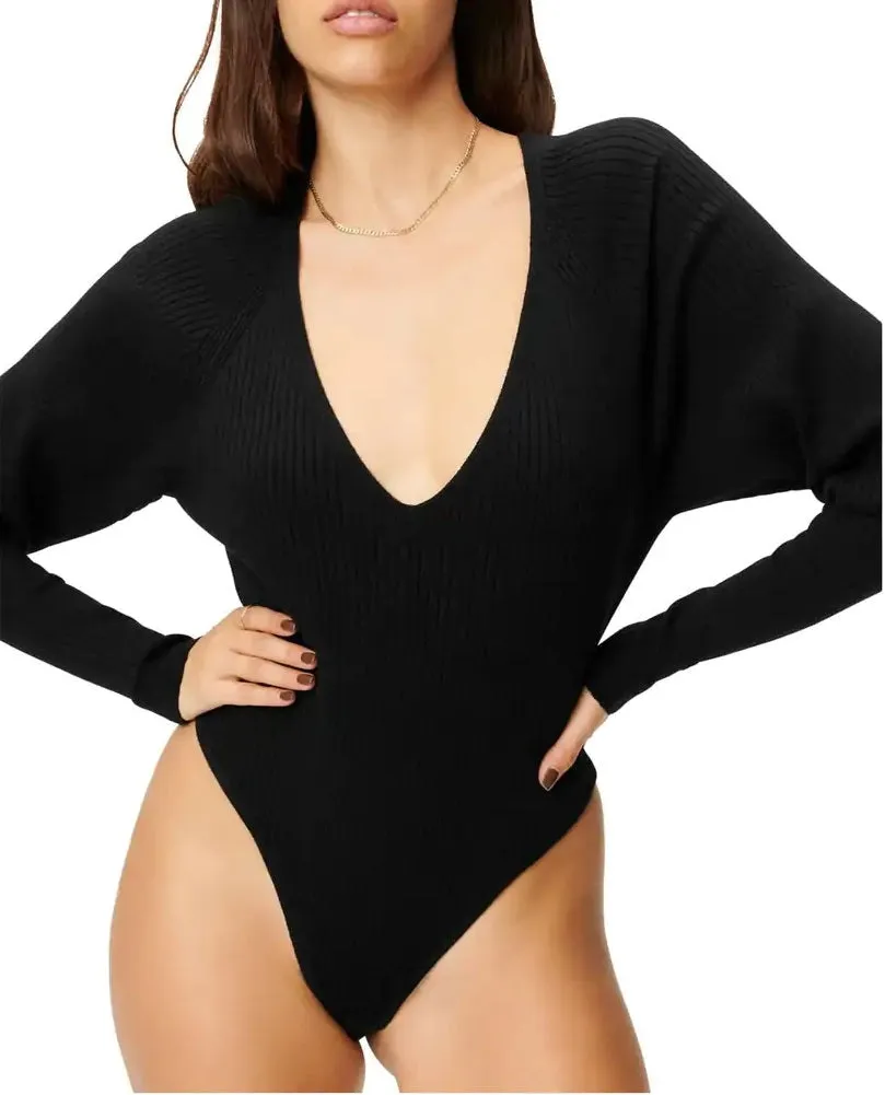 GOOD AMERICAN Women's V- Neck Ribbed Bodysuit in Black