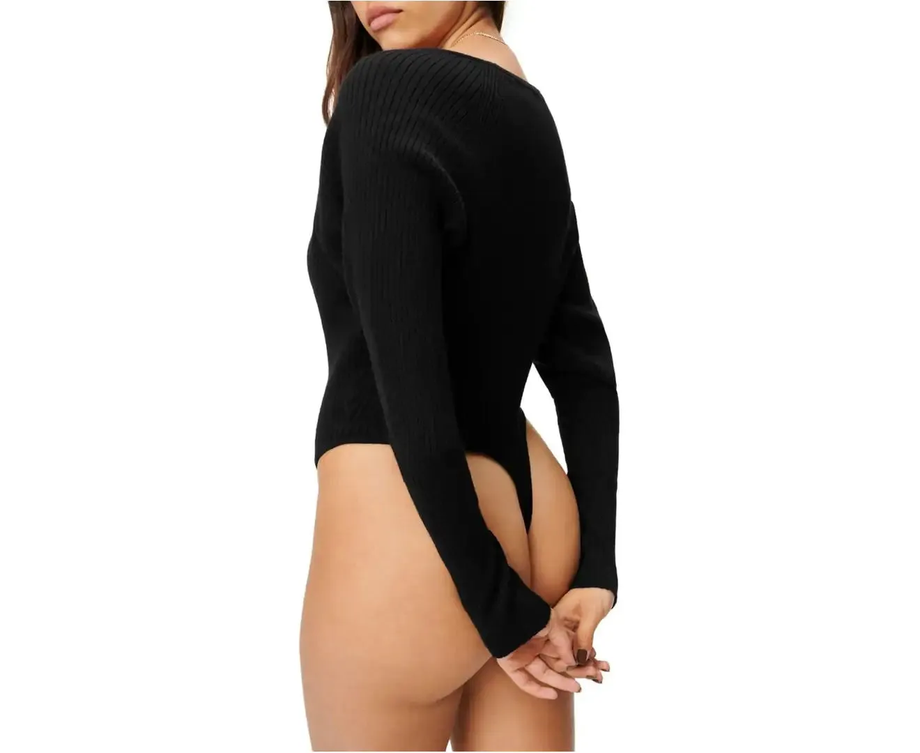 GOOD AMERICAN Women's V- Neck Ribbed Bodysuit in Black