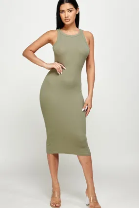 Green Ribbed Crew Neck Sleeveless Bodycon Midi Dresses