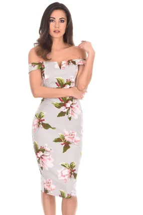 Grey Floral Notch Front Bodycon Dress