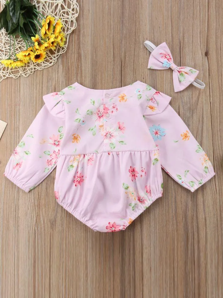 Infant Girl Onesie Flutter Long-sleeved Bodysuit with Headband