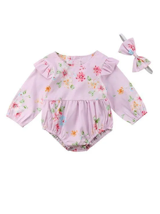 Infant Girl Onesie Flutter Long-sleeved Bodysuit with Headband