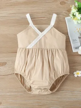 Infant Girls Beige Cotton Bodysuit With Lace Detail