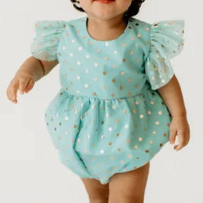 Infant Girl's Turquoise and Gold Polka Dot Tulle Bubble Romper