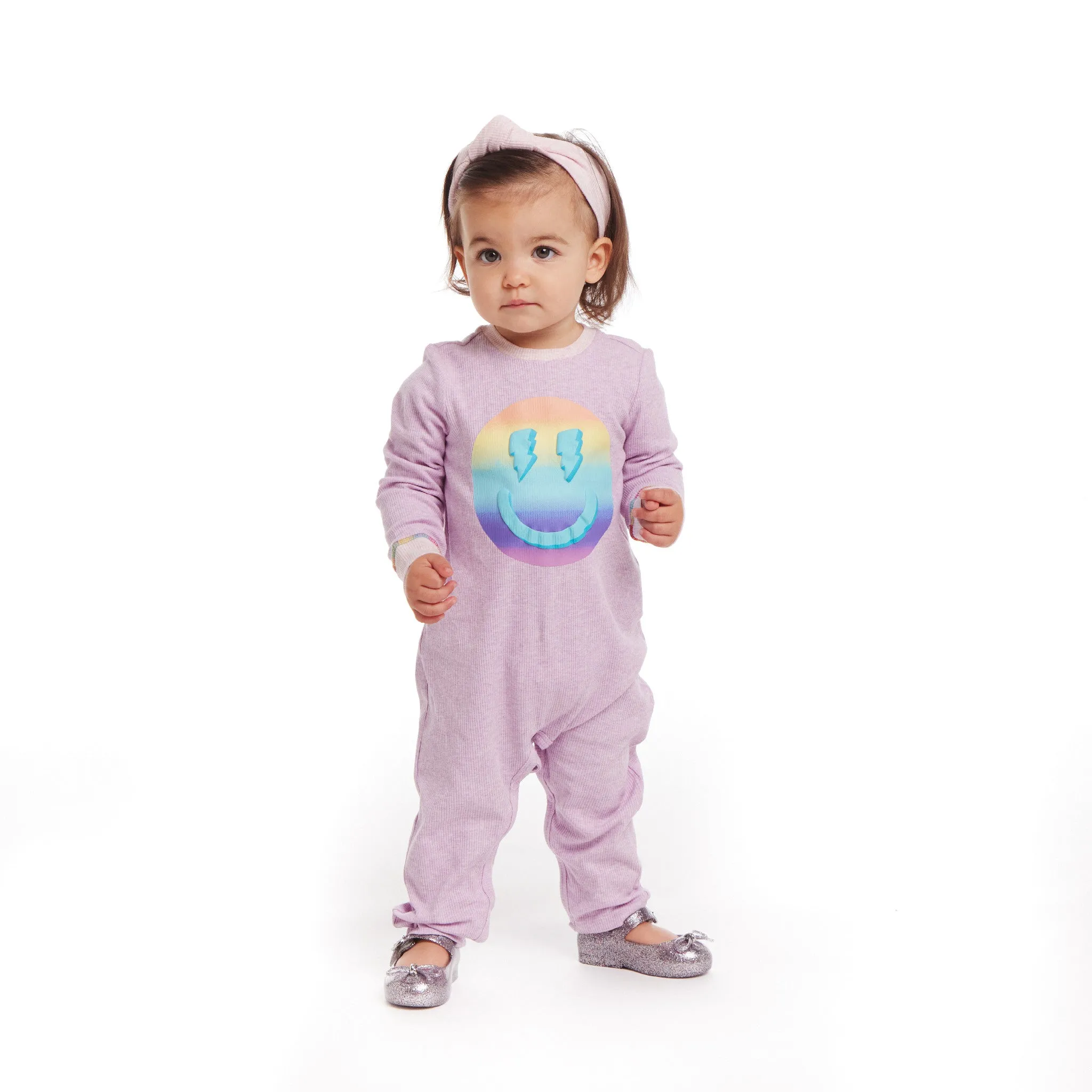 Infant Lavendar Long Sleeve Romper Set | Smiley Graphic