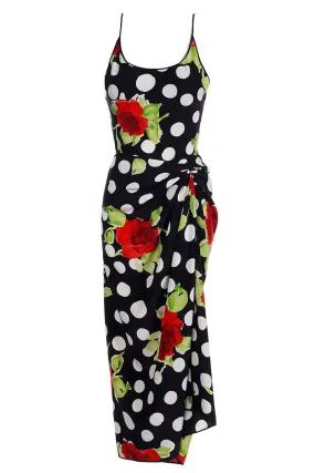 James Galanos 2 pc Black & White Polka Dot Floral Bodysuit & Sarong Dress