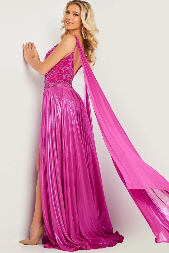 Jovani 07249 Size 2 Hot Pink High Low Pageant Dress Metallic Overskirt Bodysuit Pleated Capes Formal Gown