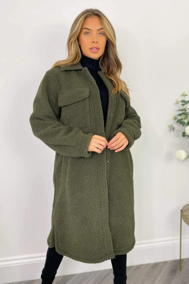 Khaki Oversized Teddy Faux Fur Front Pocket Coat