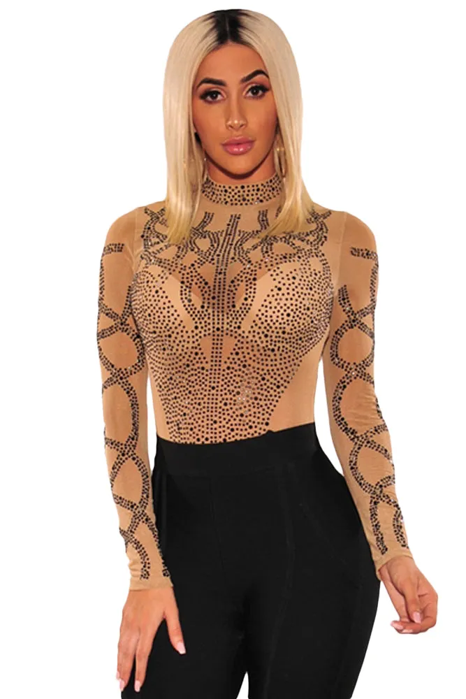 Khaki Rhinestone Faux Bustier Mesh Long Sleeves Bodysuit