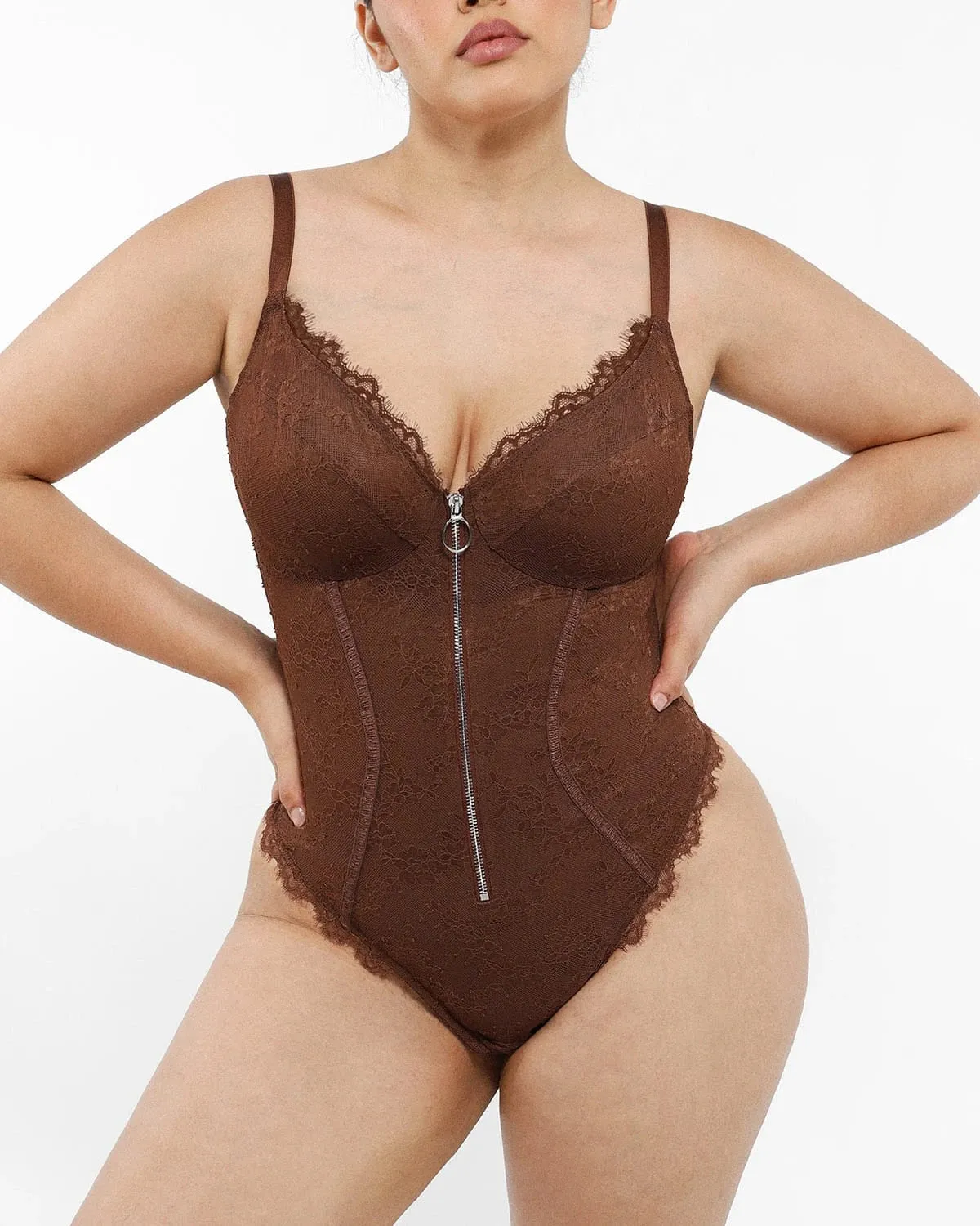 Lace Glamour Flawless Zip Front Thong Bodysuit