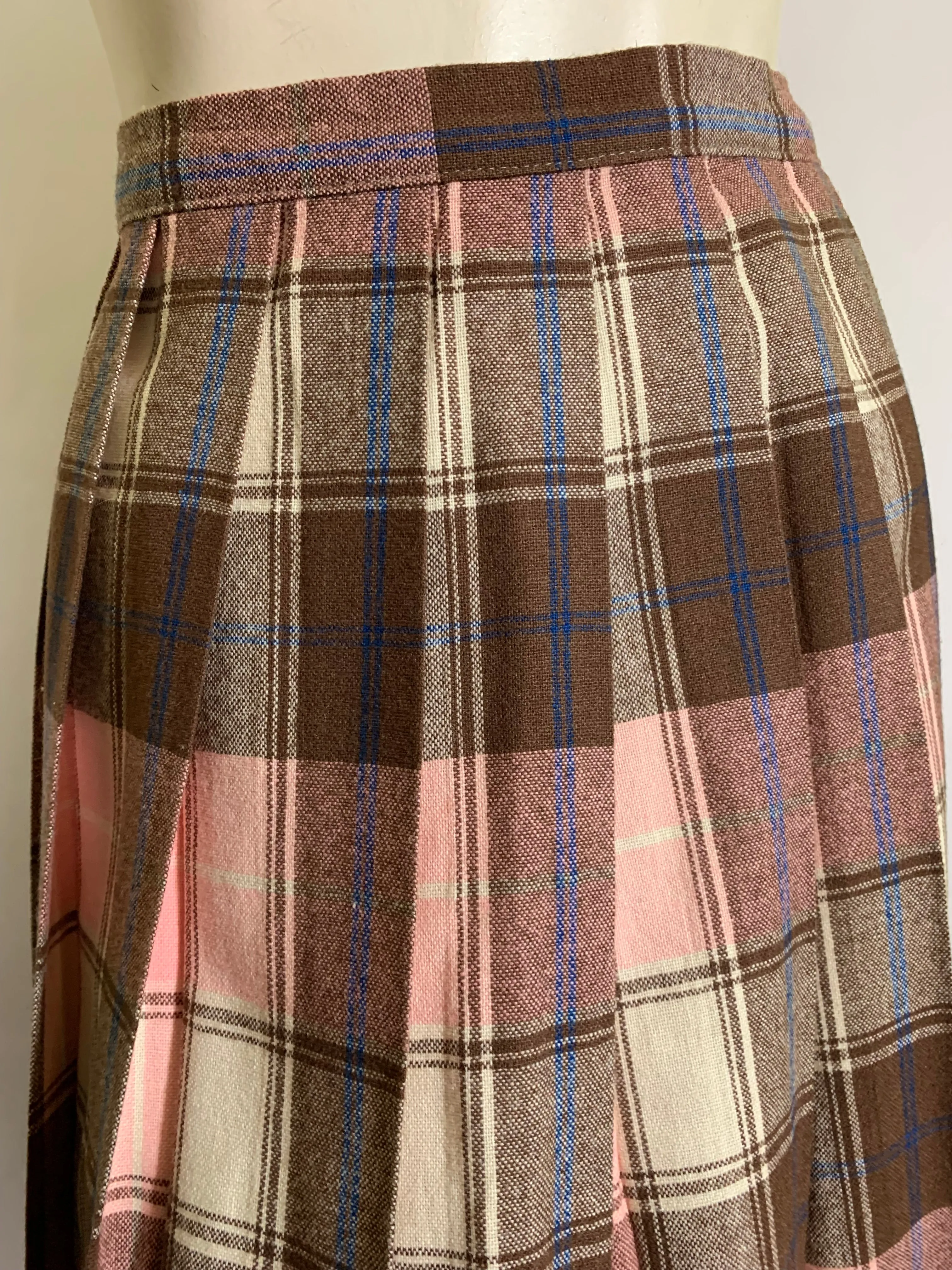 Neapolitan Pink, Vanilla & Brown Plaid Pleated Wool Skirt circa 1940s