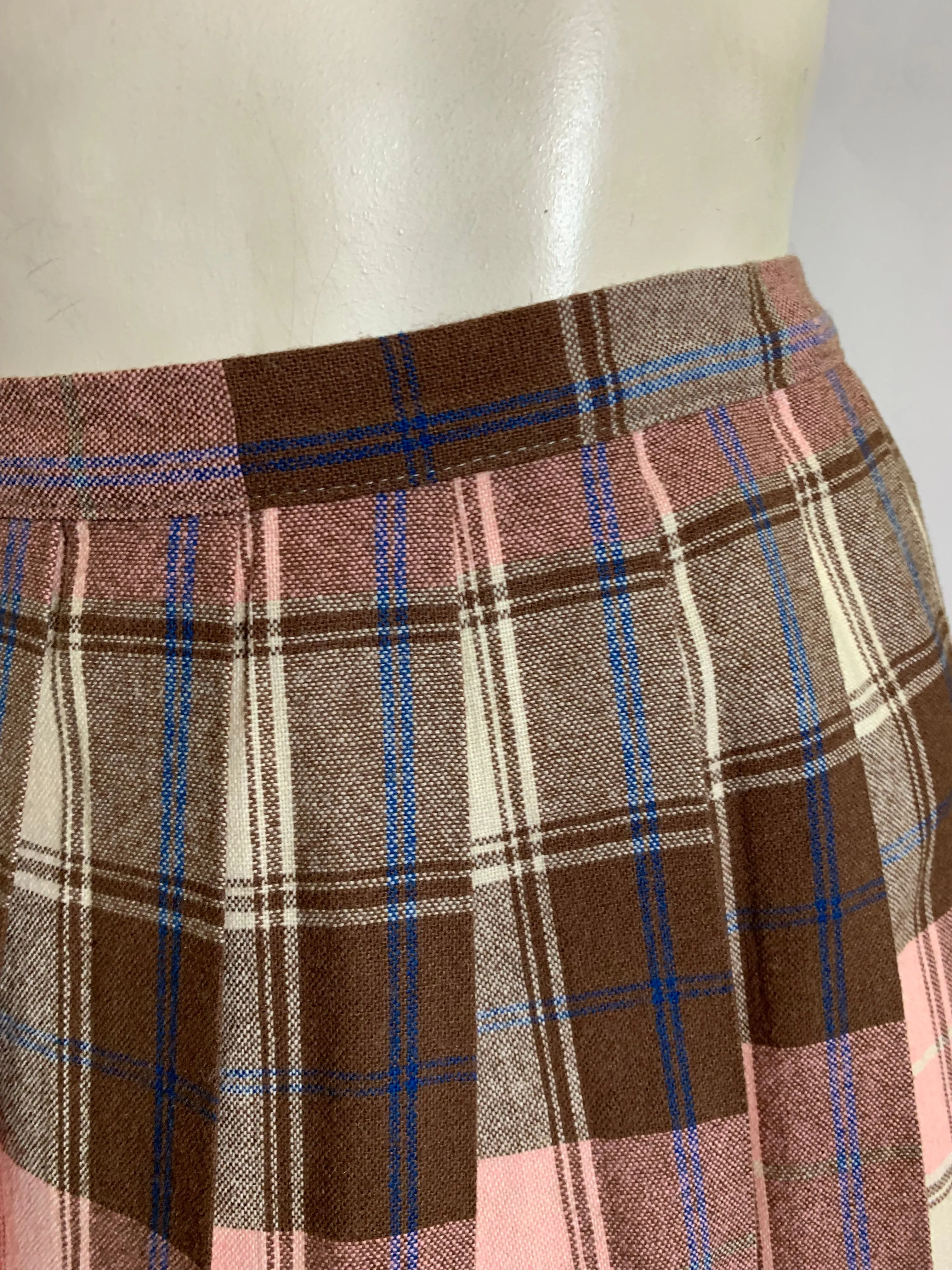 Neapolitan Pink, Vanilla & Brown Plaid Pleated Wool Skirt circa 1940s