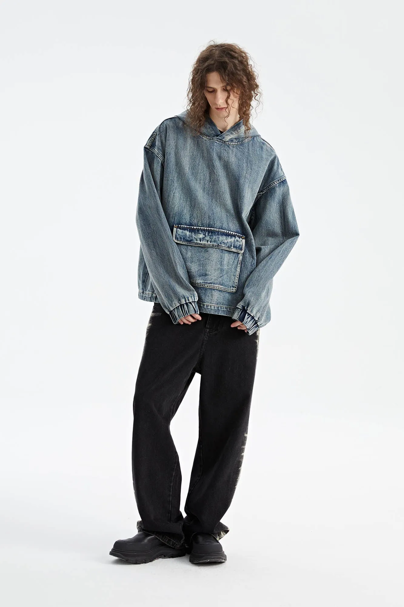 Oversized Denim Hoodie with Front Pocket