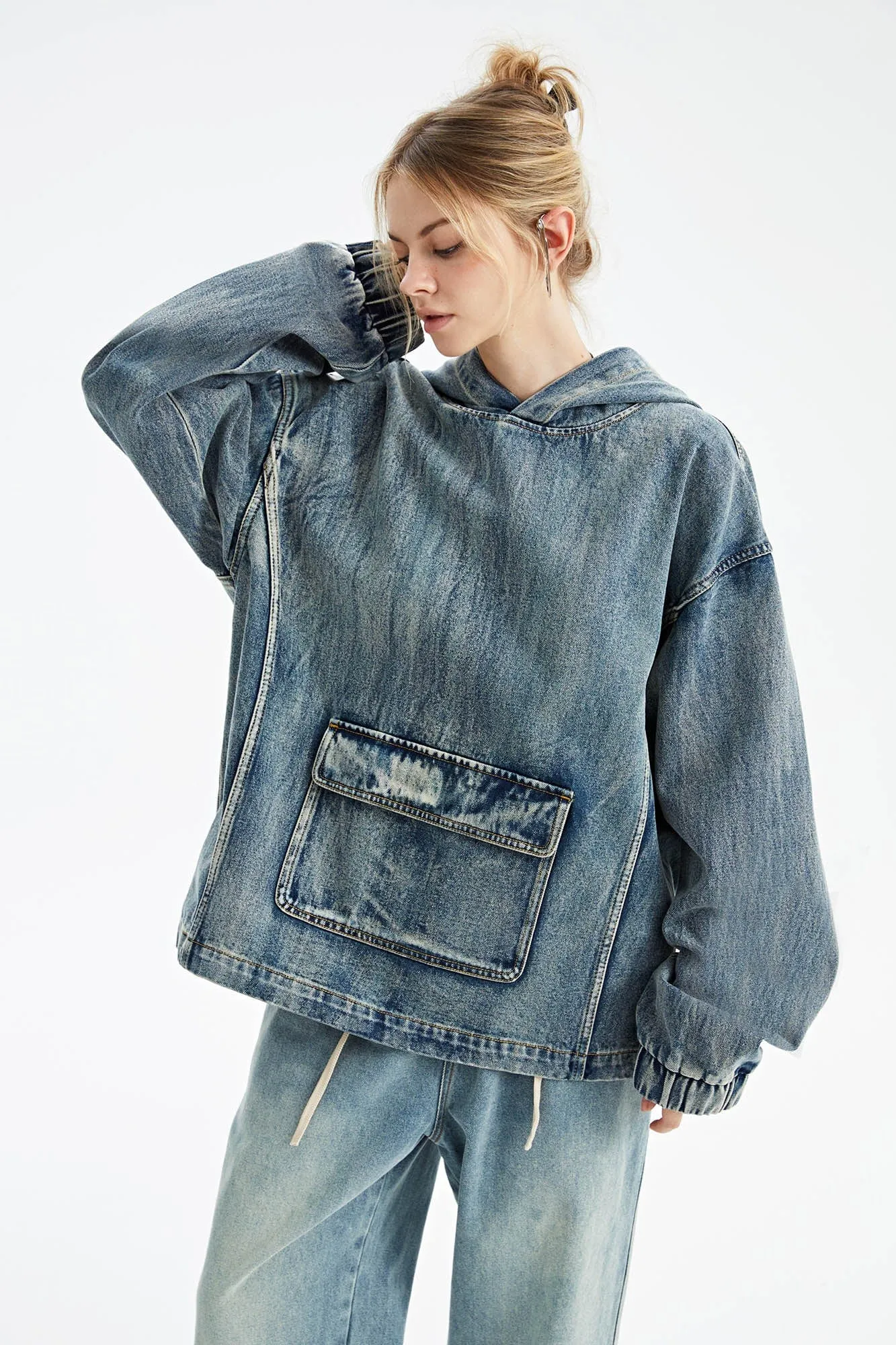 Oversized Denim Hoodie with Front Pocket