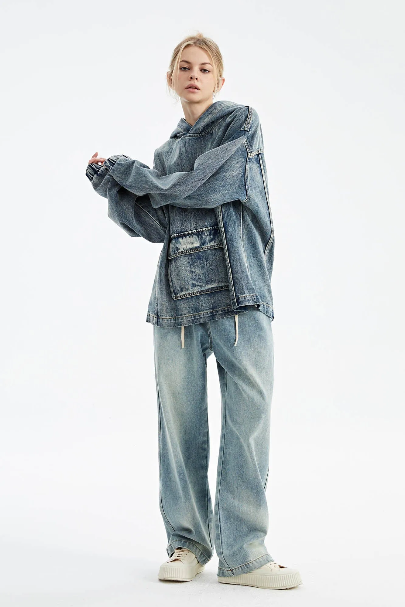 Oversized Denim Hoodie with Front Pocket