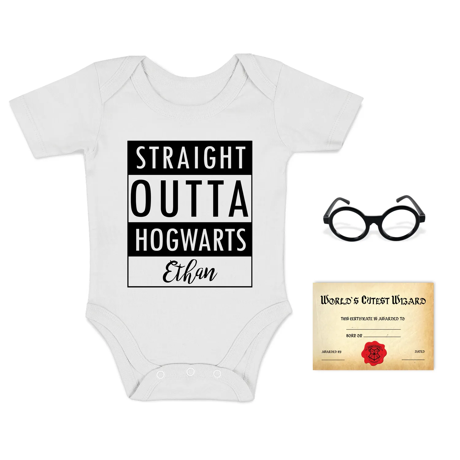 [Personalized] Endanzoo Baby Gift Bundle - Organic Baby Onesie & Photo Props - Straight Outta Hogwarts