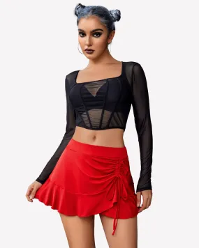 Pleated Drawstring Wrap Ruffle Mini Skirt