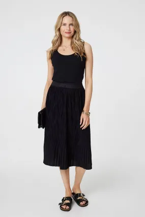 Pleated High Waist A-Line Midi Skirt