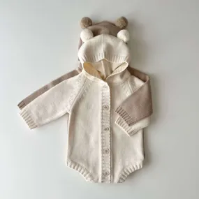 Pre-Order: Baby Bear Hooded Knit Romper | Lait   Cafe O'Lait