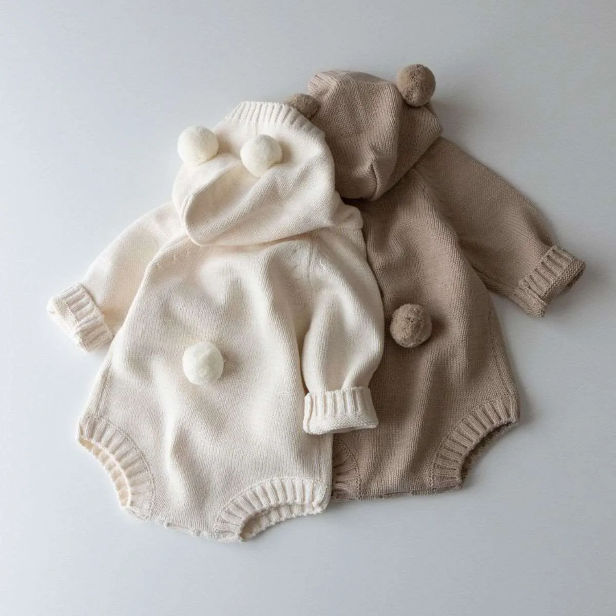 Pre-Order: Baby Bear Hooded Knit Romper | Lait   Cafe O'Lait