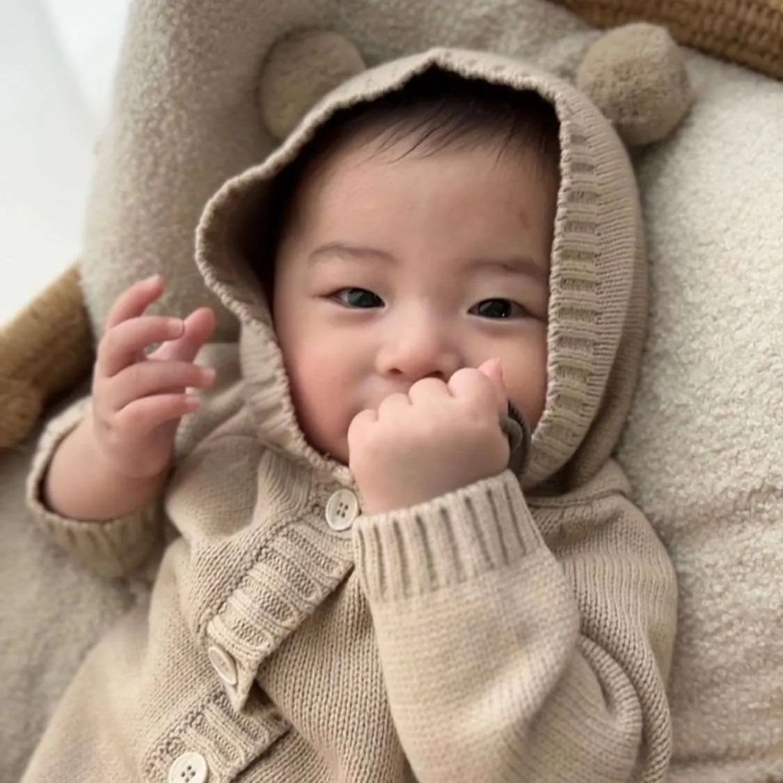 Pre-Order: Baby Bear Hooded Knit Romper | Lait   Cafe O'Lait