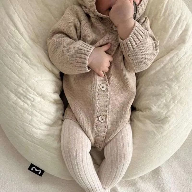 Pre-Order: Baby Bear Hooded Knit Romper | Lait   Cafe O'Lait