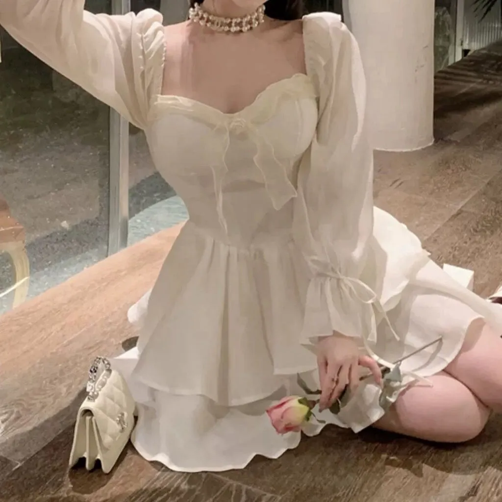 Princess Puff Long Sleeve Solid Color Tube Top Dress