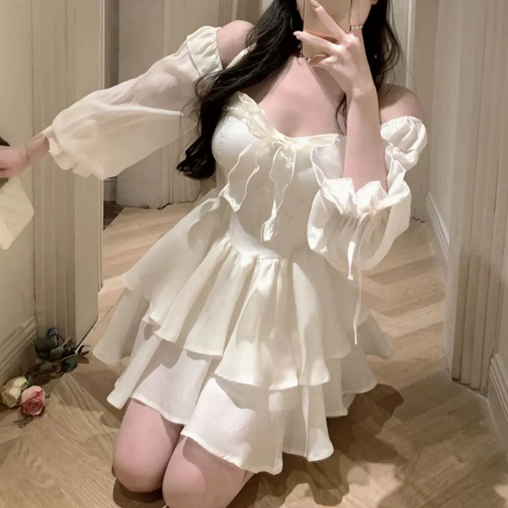 Princess Puff Long Sleeve Solid Color Tube Top Dress