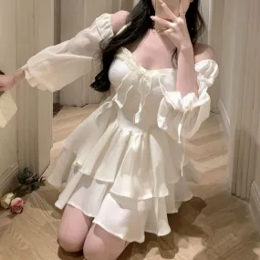 Princess Puff Long Sleeve Solid Color Tube Top Dress