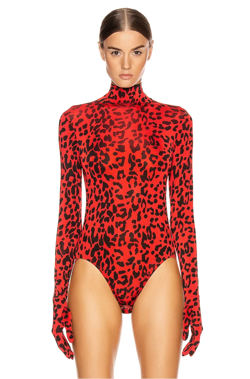 Red Leopard Print Bodysuit With Gloves