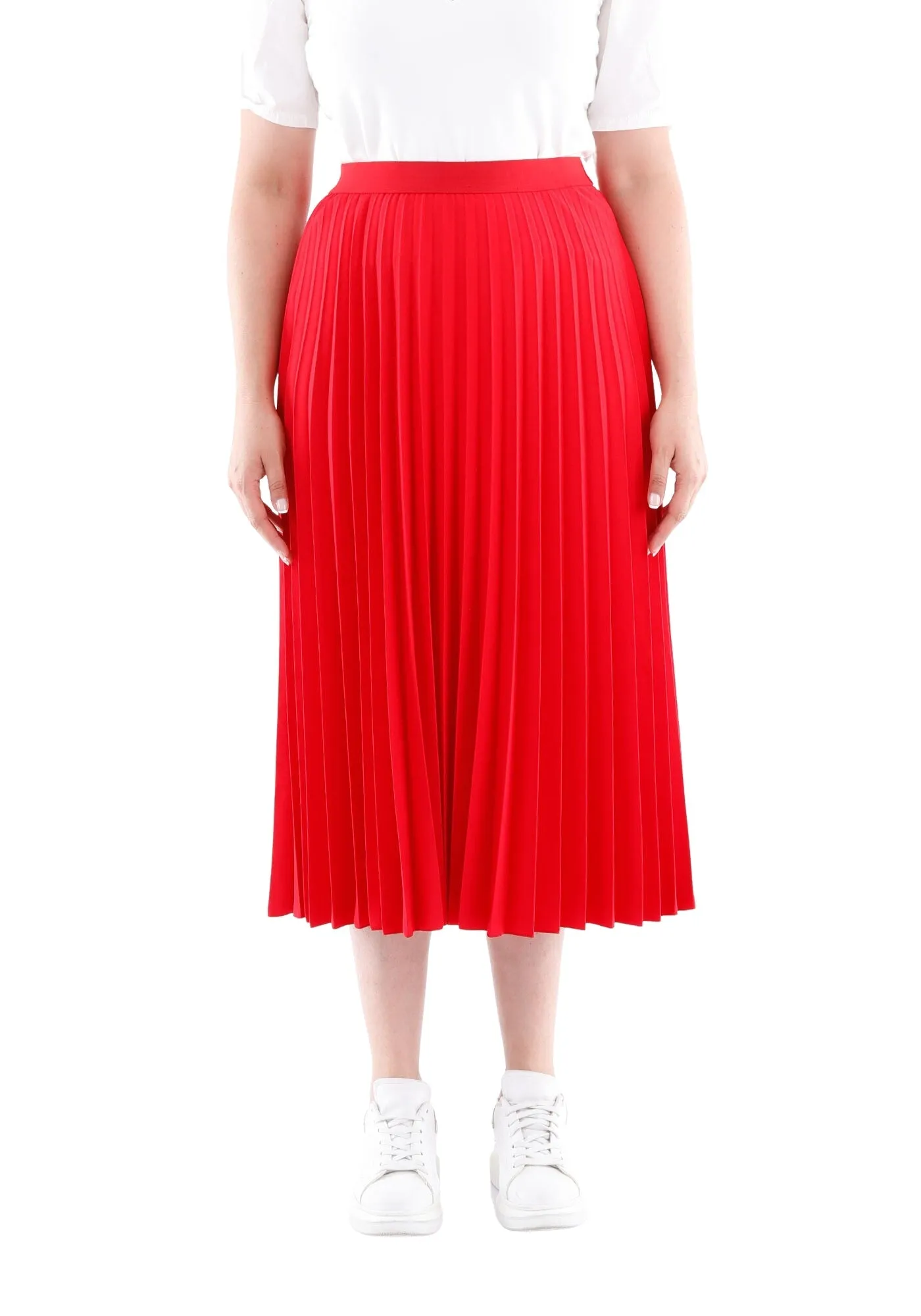 Red Oversized Accordion Plise Midi Pleated Skirt