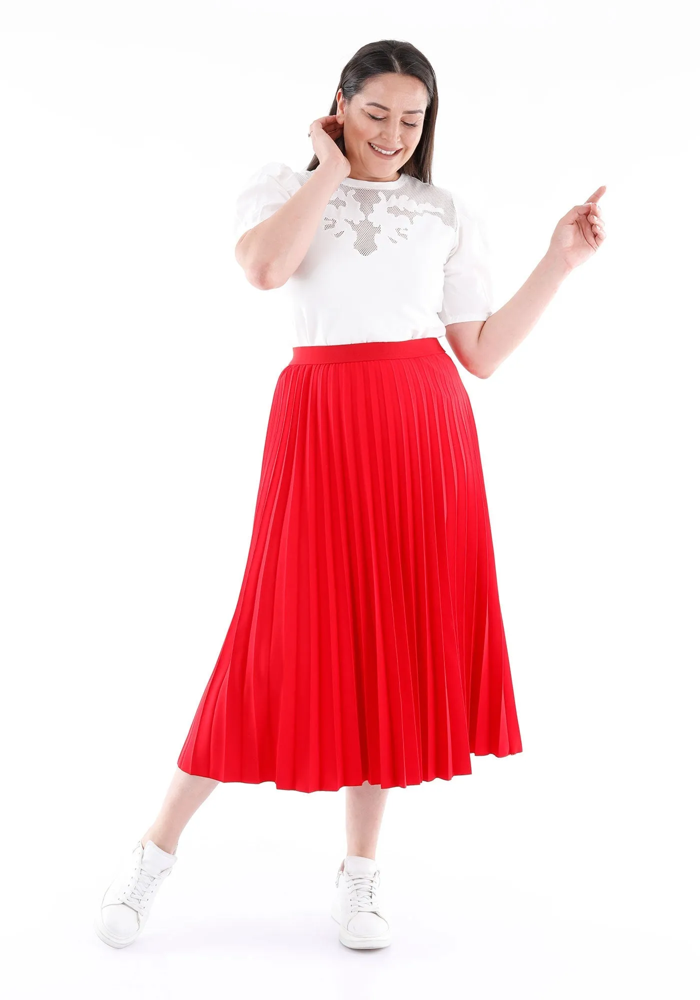 Red Oversized Accordion Plise Midi Pleated Skirt