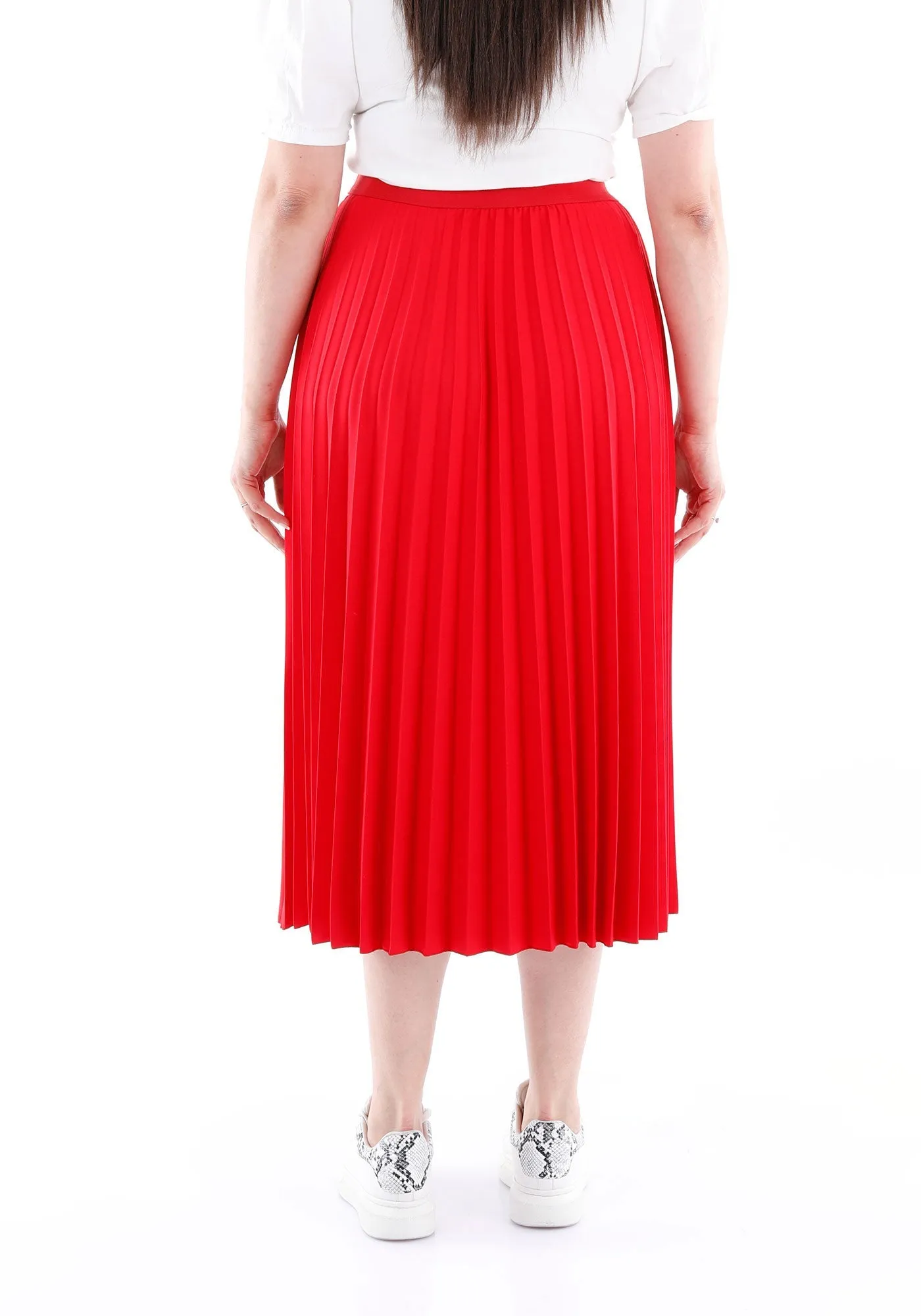 Red Oversized Accordion Plise Midi Pleated Skirt