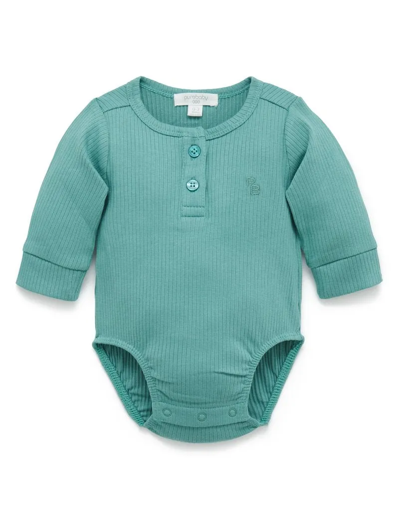 RIB L/SLV HENLEY BODYSUIT - MOSS GREEN