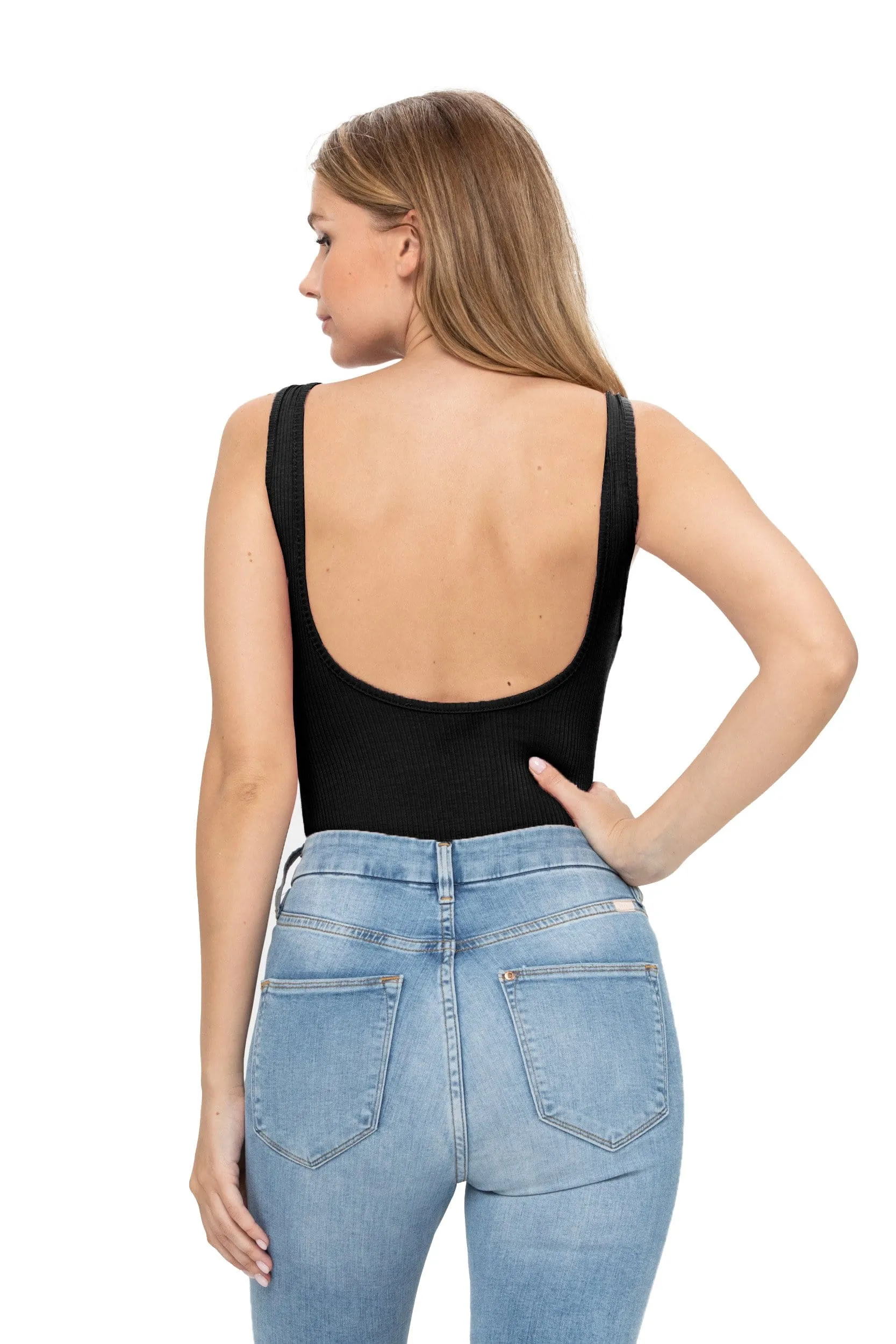 Sleeveless Sexy Scoop Neck Tank Top Button Down Ribbed Bodysuits