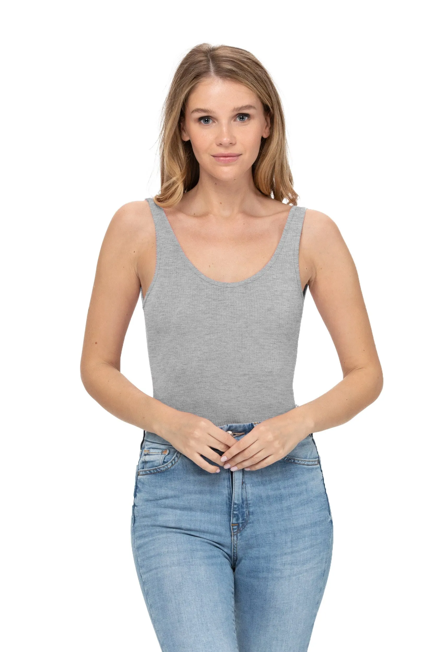 Sleeveless Sexy Scoop Neck Tank Top Button Down Ribbed Bodysuits