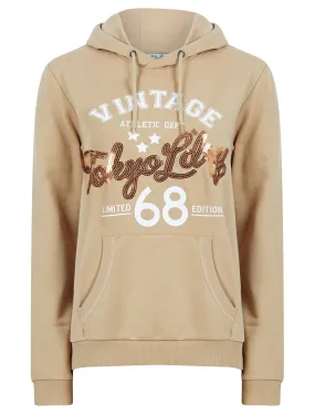 Sparked Sequin Motif Brushback Fleece Pullover Hoodie in Beige - Tokyo Laundry