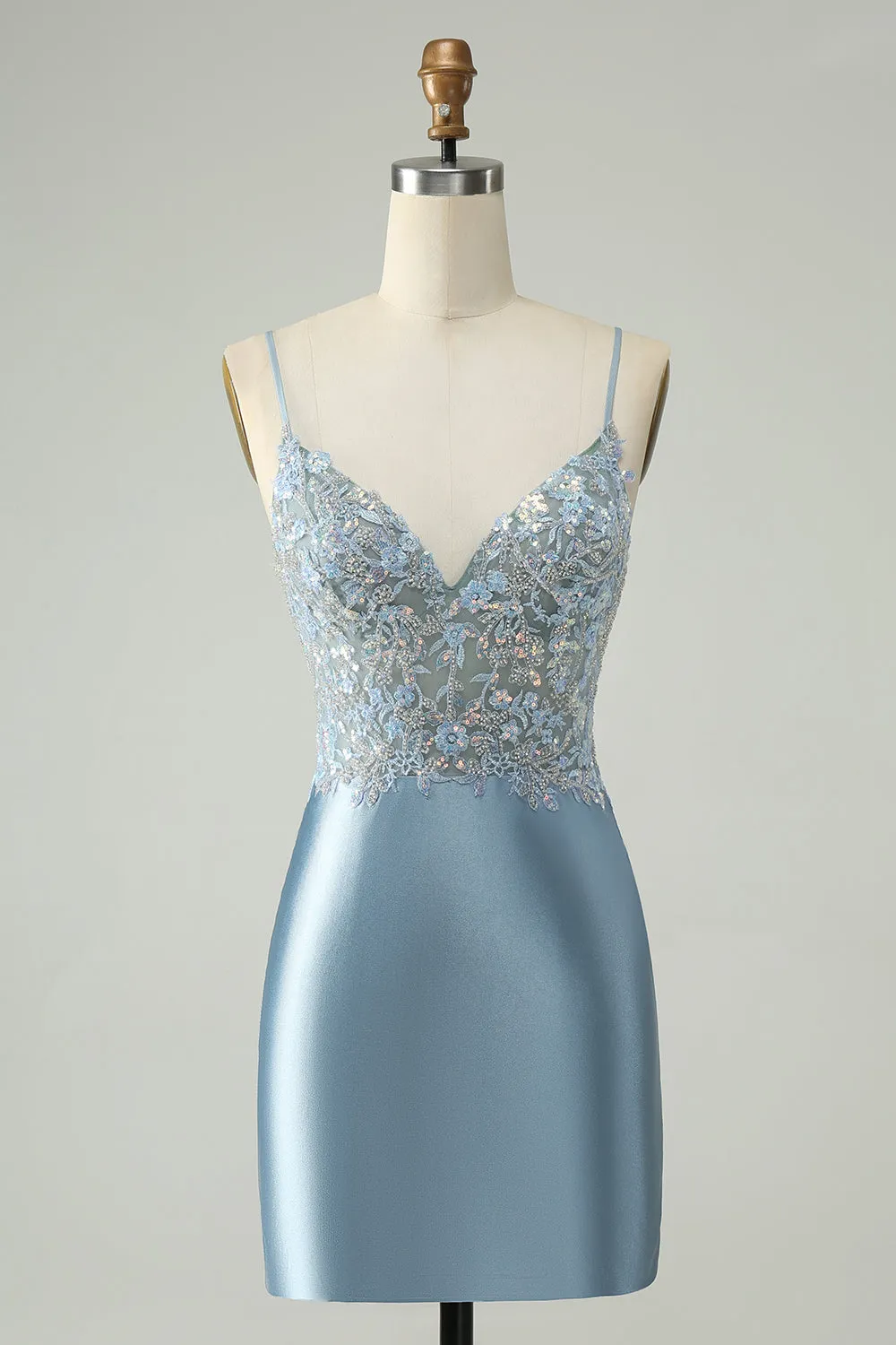 Sparkly Dusty Blue Bodycon Beaded Floral Satin Homecoming Dress