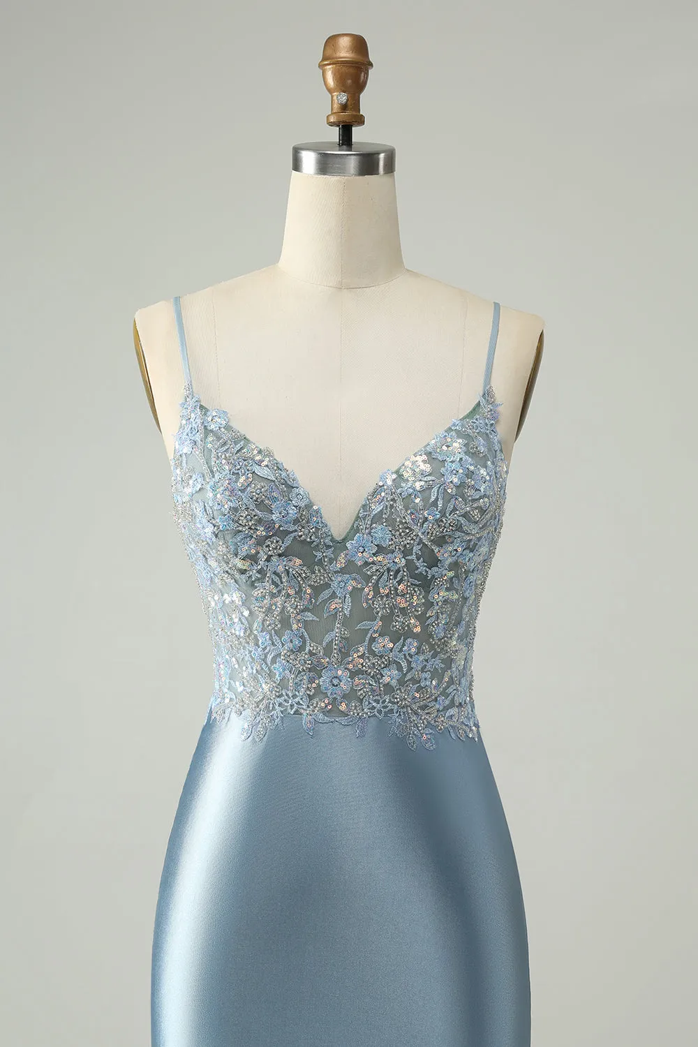 Sparkly Dusty Blue Bodycon Beaded Floral Satin Homecoming Dress