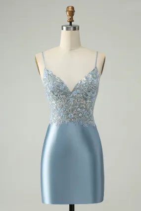 Sparkly Dusty Blue Bodycon Beaded Floral Satin Homecoming Dress