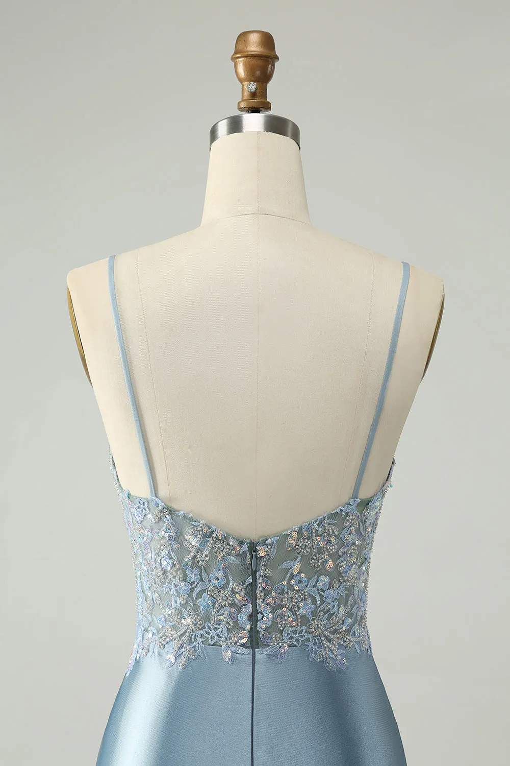 Sparkly Dusty Blue Bodycon Beaded Floral Satin Homecoming Dress