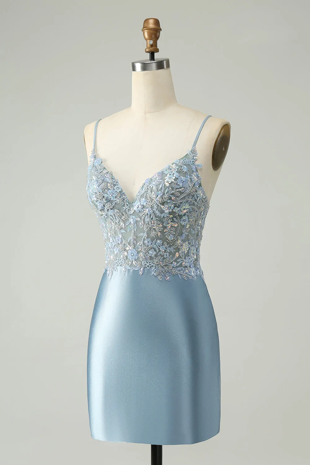 Sparkly Dusty Blue Bodycon Beaded Floral Satin Homecoming Dress