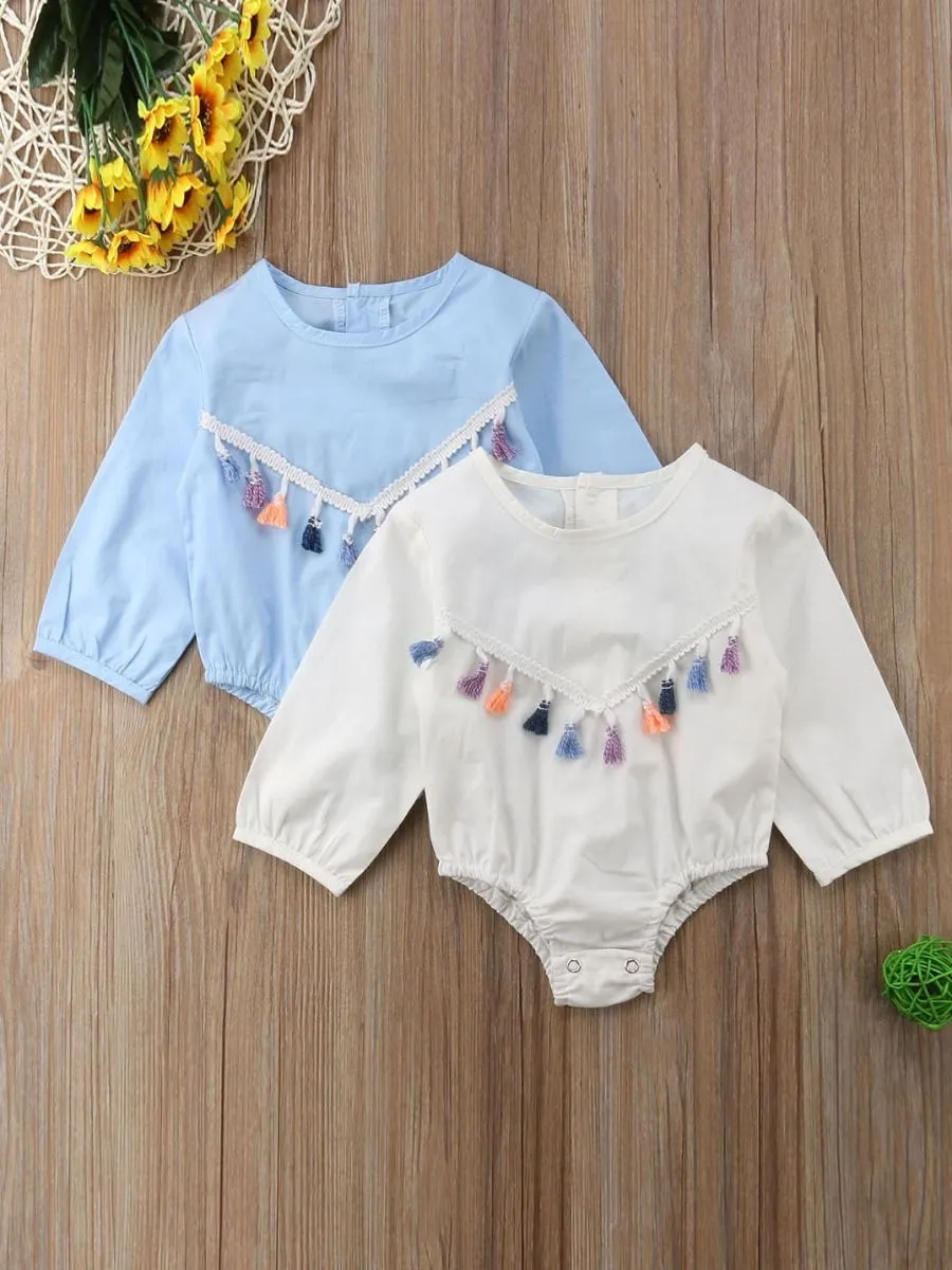 Spring Tassel Trimmed Romper Long Sleeve Spanish Style Baby Clothes Blue/White