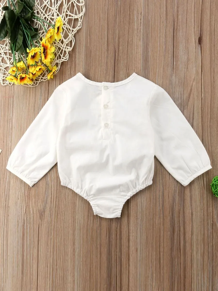 Spring Tassel Trimmed Romper Long Sleeve Spanish Style Baby Clothes Blue/White