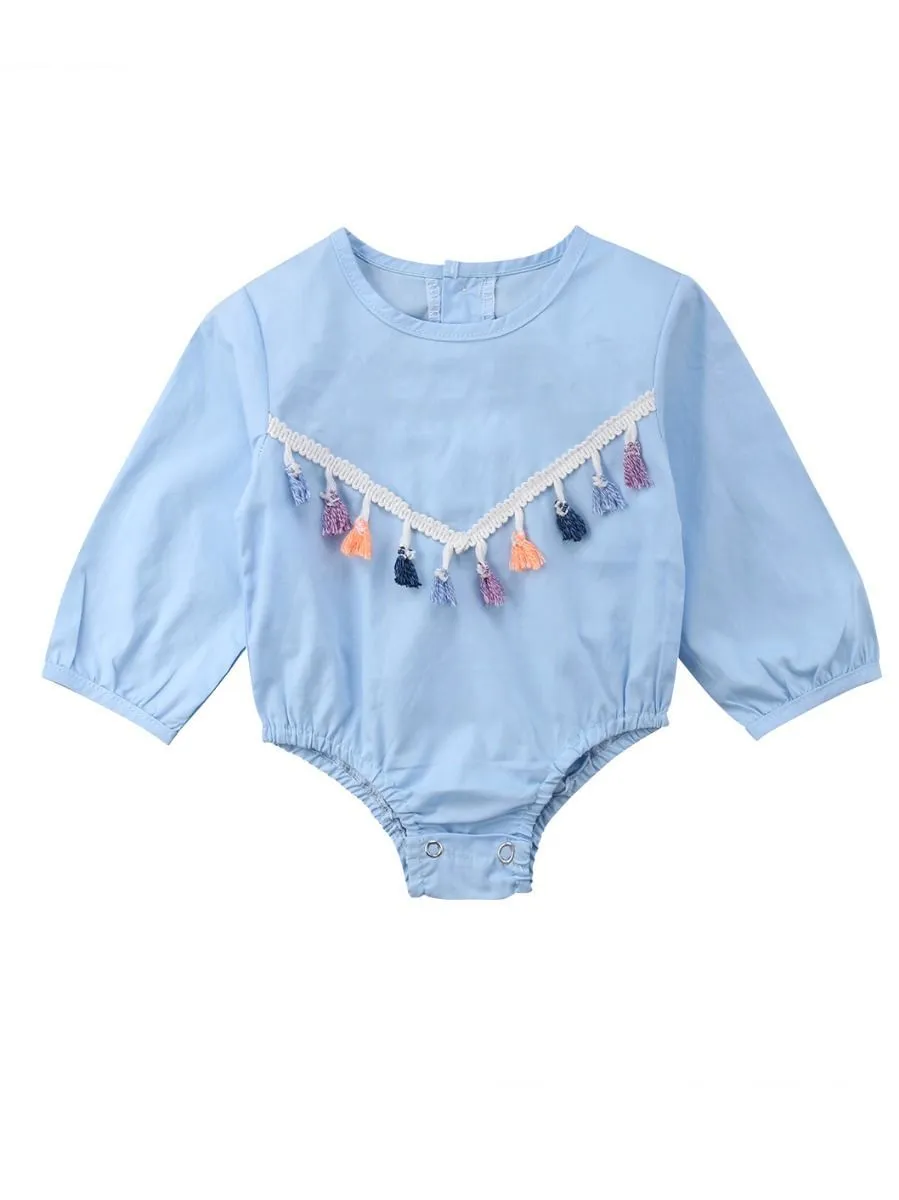 Spring Tassel Trimmed Romper Long Sleeve Spanish Style Baby Clothes Blue/White