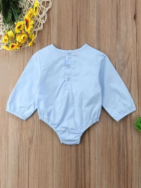 Spring Tassel Trimmed Romper Long Sleeve Spanish Style Baby Clothes Blue/White